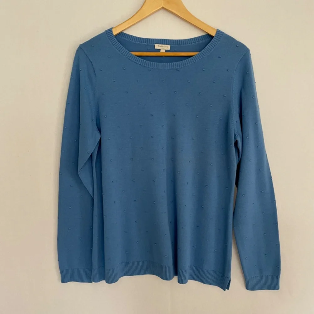 TALBOTS Medium Blue 100% Cotton Clip Dot Sweater Long Sleeve Crew Neck